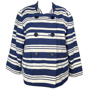 Talbots Jacket Womens Sz 12 Navy Blue White Striped‎ Pea Coat Cotton Stretch